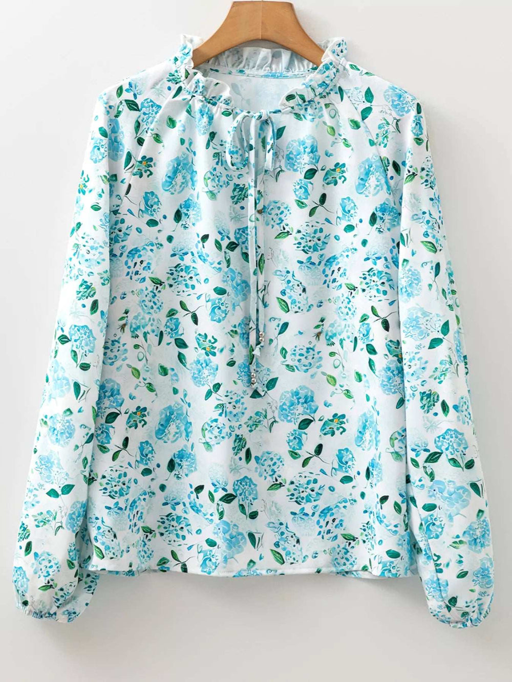 Floral Print Frilled Trim Tie Neck Elastic Cuffs Long Sleeve Blouse - Trendsi - Flyclothing LLC