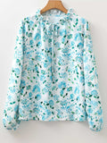 Floral Print Frilled Trim Tie Neck Elastic Cuffs Long Sleeve Blouse - Trendsi - Flyclothing LLC