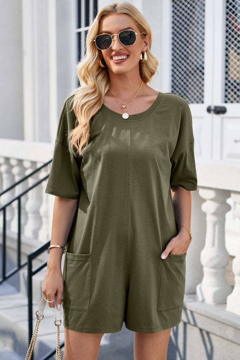 Backless Round Neck Half Sleeve Romper - Trendsi - Flyclothing LLC