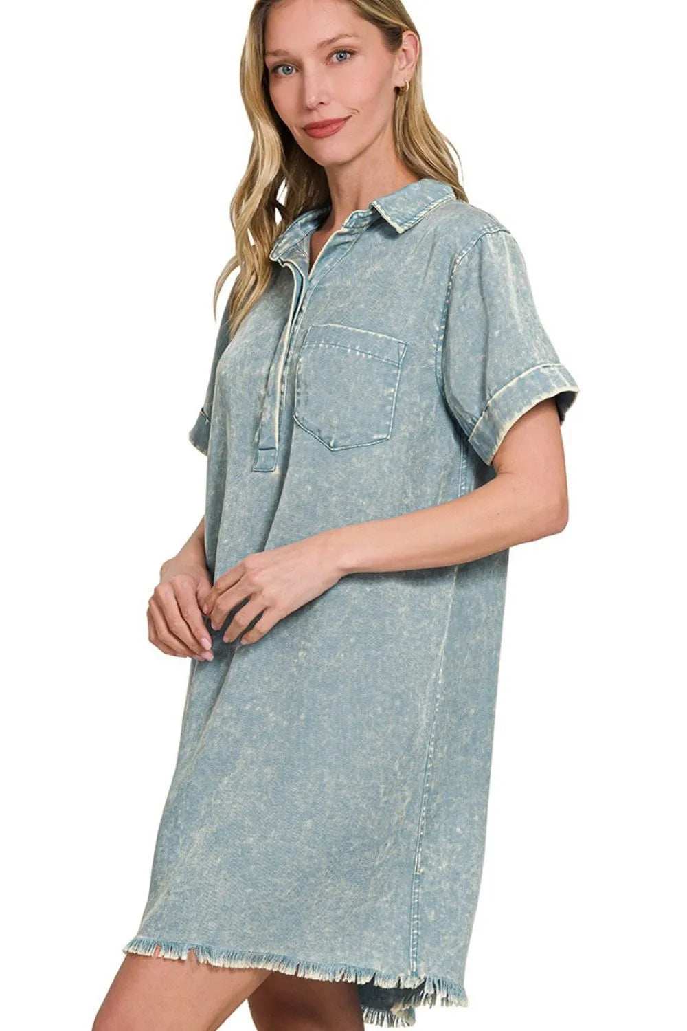 Zenana Tencel Mineral Washed Collared Shirts Dress - Trendsi - Flyclothing LLC