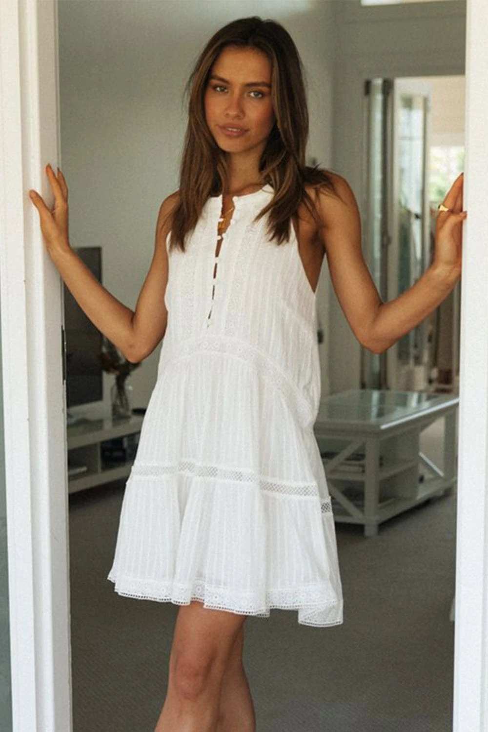 Half Button Sleeveless Mini Dress - Trendsi - Flyclothing LLC