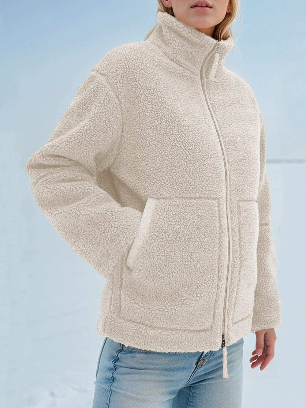 Turtleneck Zip Up Long Sleeve Plush Jacket - Trendsi - Flyclothing LLC