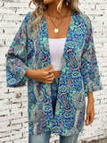 Printed Open Front Three-Quarter Sleeve Cover Up - Trendsi - Flyclothing LLC