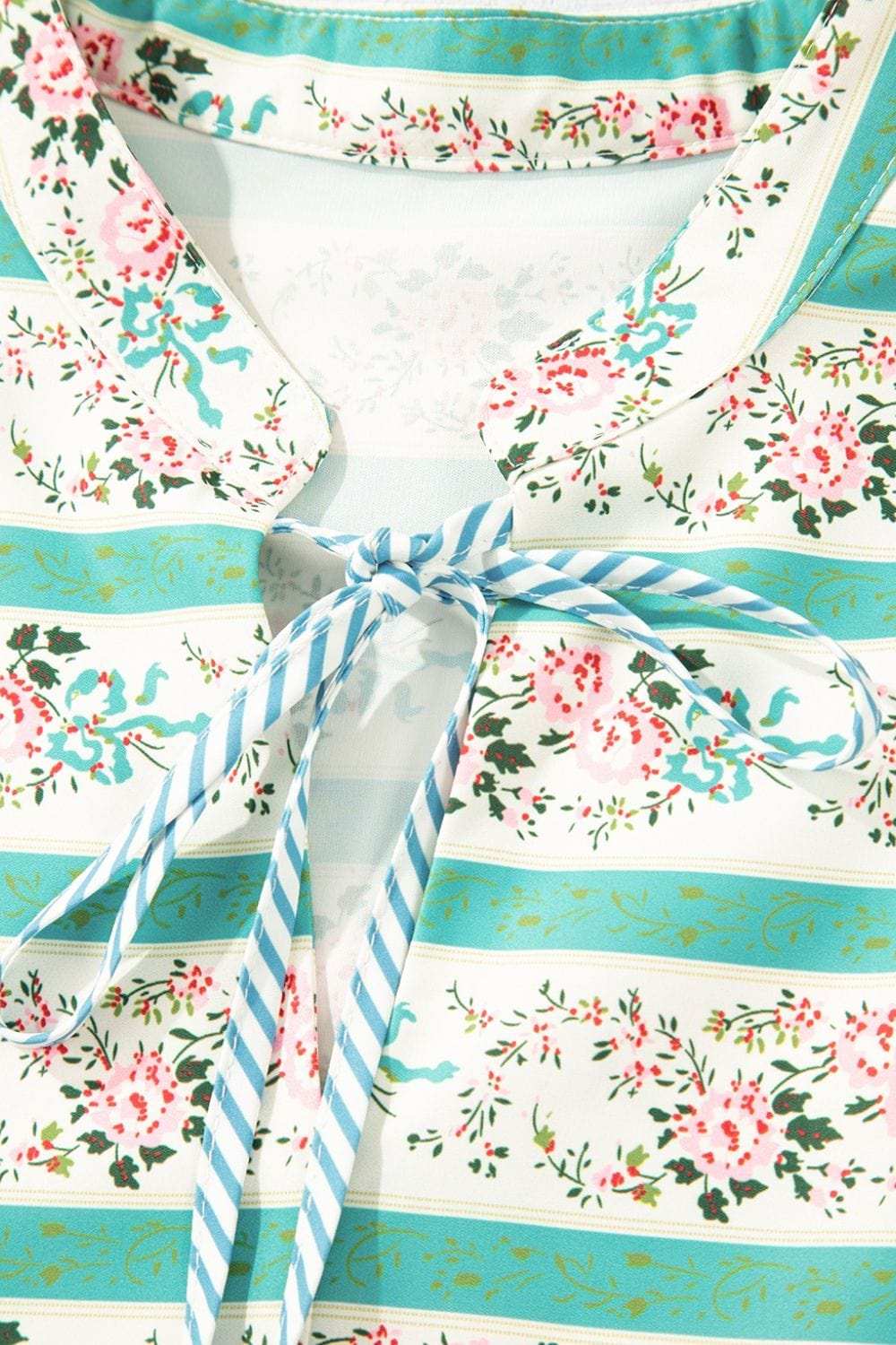 Striped Floral Print Tie Neck Puff Sleeve Midi Dress - Trendsi - Flyclothing LLC