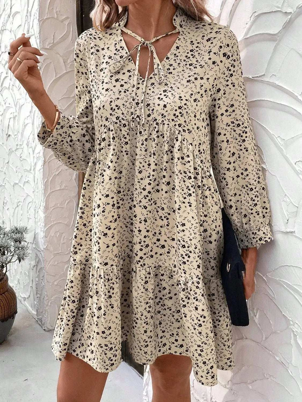 Tied Printed Long Sleeve Mini Dress - Trendsi - Flyclothing LLC