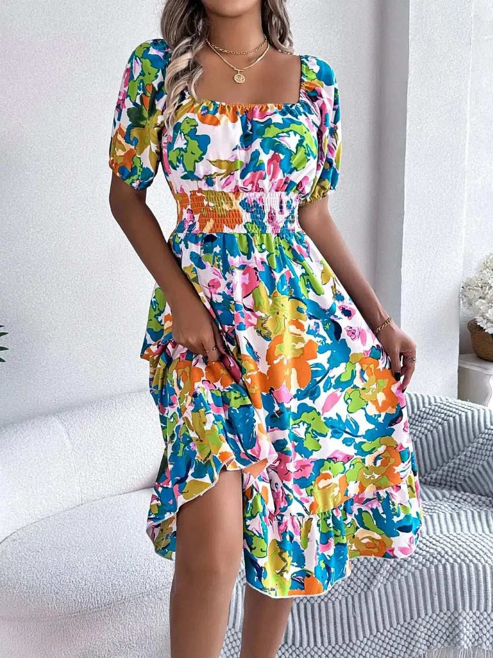 Ruffled Hem Smocked Floral Short Sleeve Midi Dress - Trendsi - Flyclothing LLC