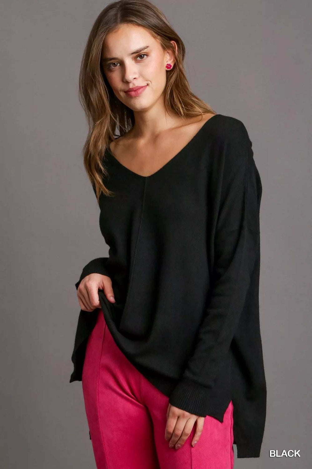 Umgee V-Neck High Low Hem Knit Top with Side Slit - Trendsi - Flyclothing LLC
