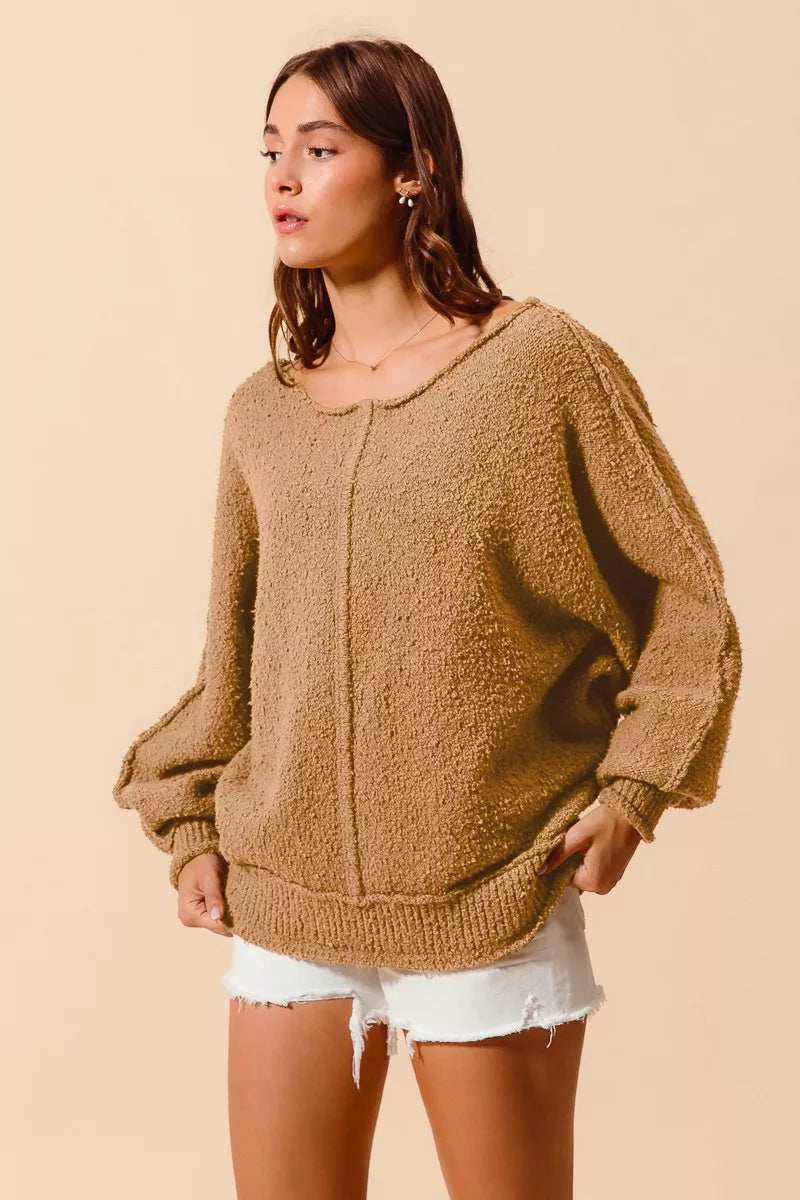 SO ME Loose Fit Exposed Seam Slouchy Boucle Sweater - Trendsi - Flyclothing LLC