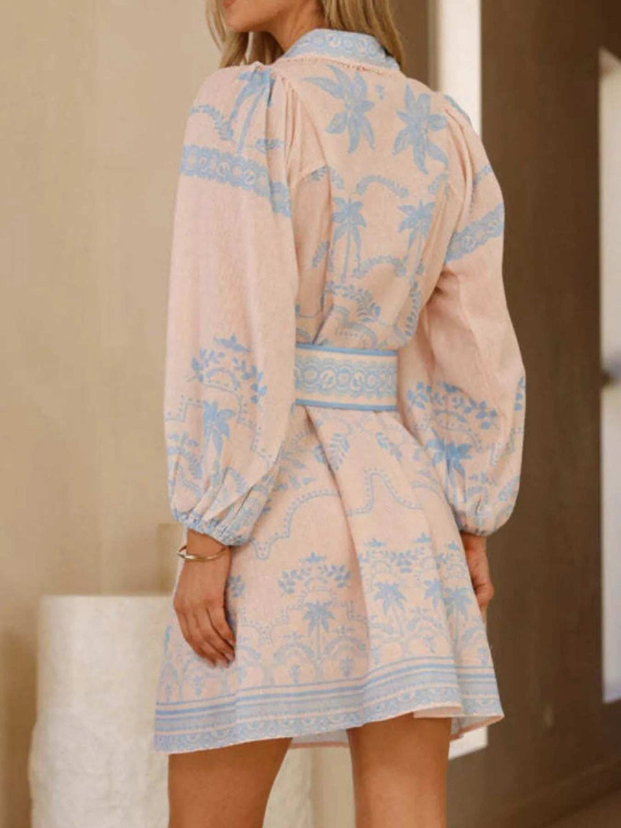 Printed Button Down Shirt Dress with Belt - Trendsi - Flyclothing LLC