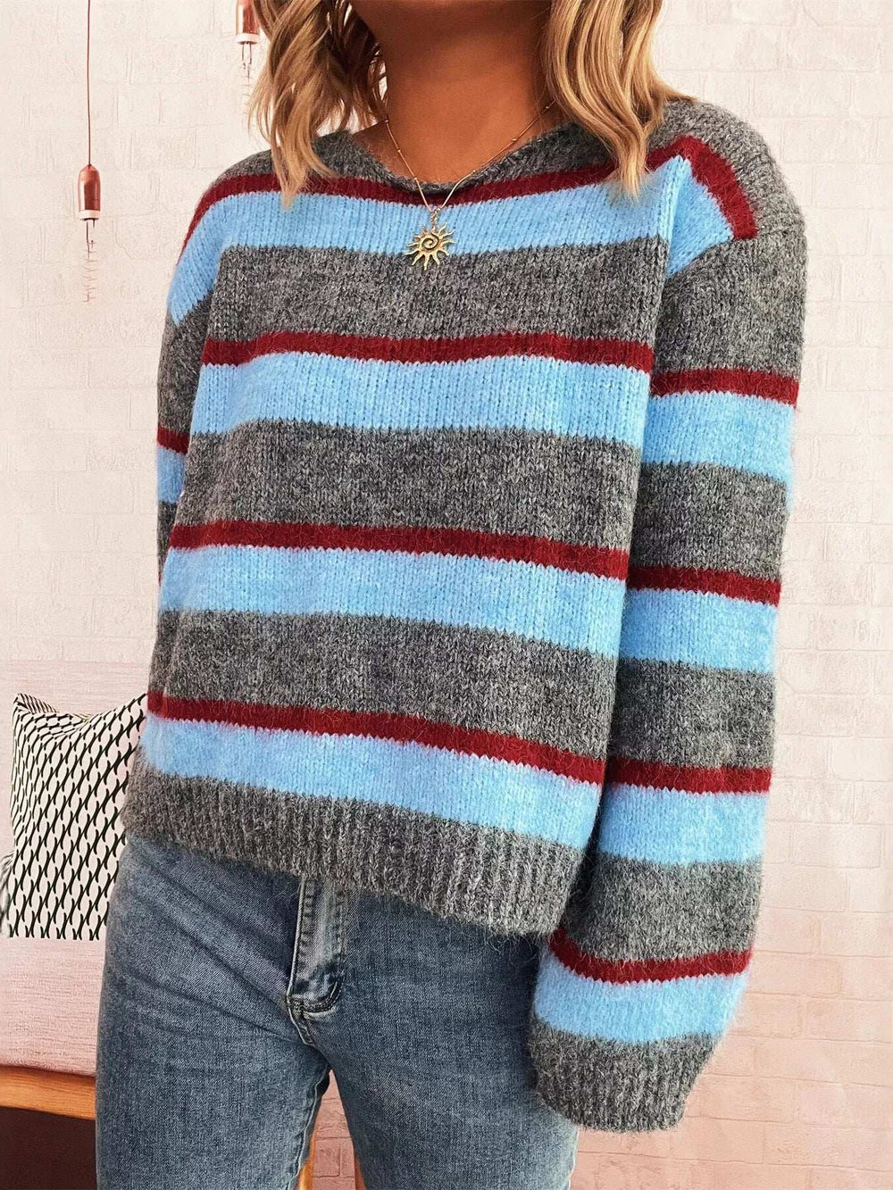 Striped Round Neck Long Sleeve Sweater - Trendsi - Flyclothing LLC
