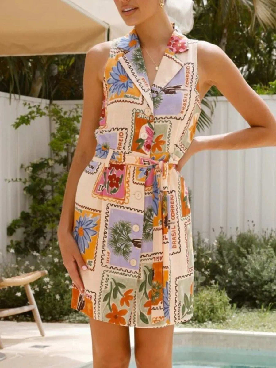 Printed Sleeveless Tie Waist Dress - Trendsi - Flyclothing LLC