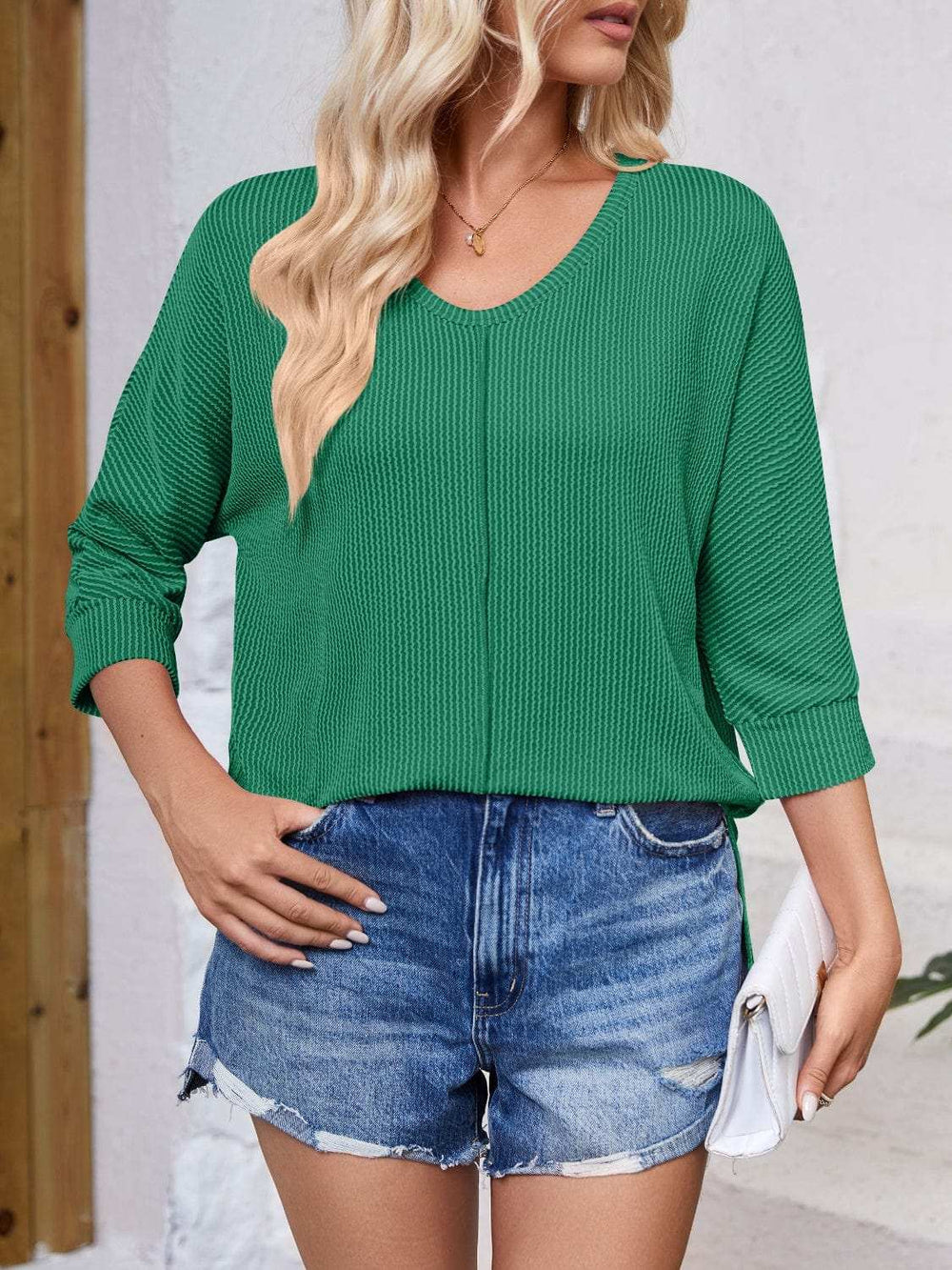 Textured Round Neck Three-Quarter Sleeve Blouse - Trendsi - Flyclothing LLC