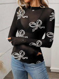 Printed Mock Neck Long Sleeve Mesh T-Shirt - Trendsi - Flyclothing LLC