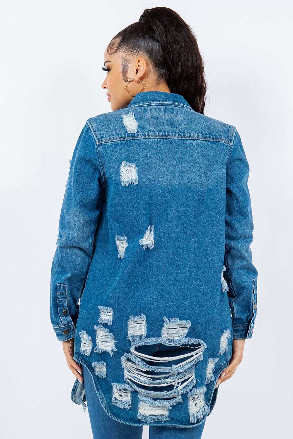 American Bazi Distressed Button Up Long Sleeve Denim Jacket - Trendsi - Flyclothing LLC