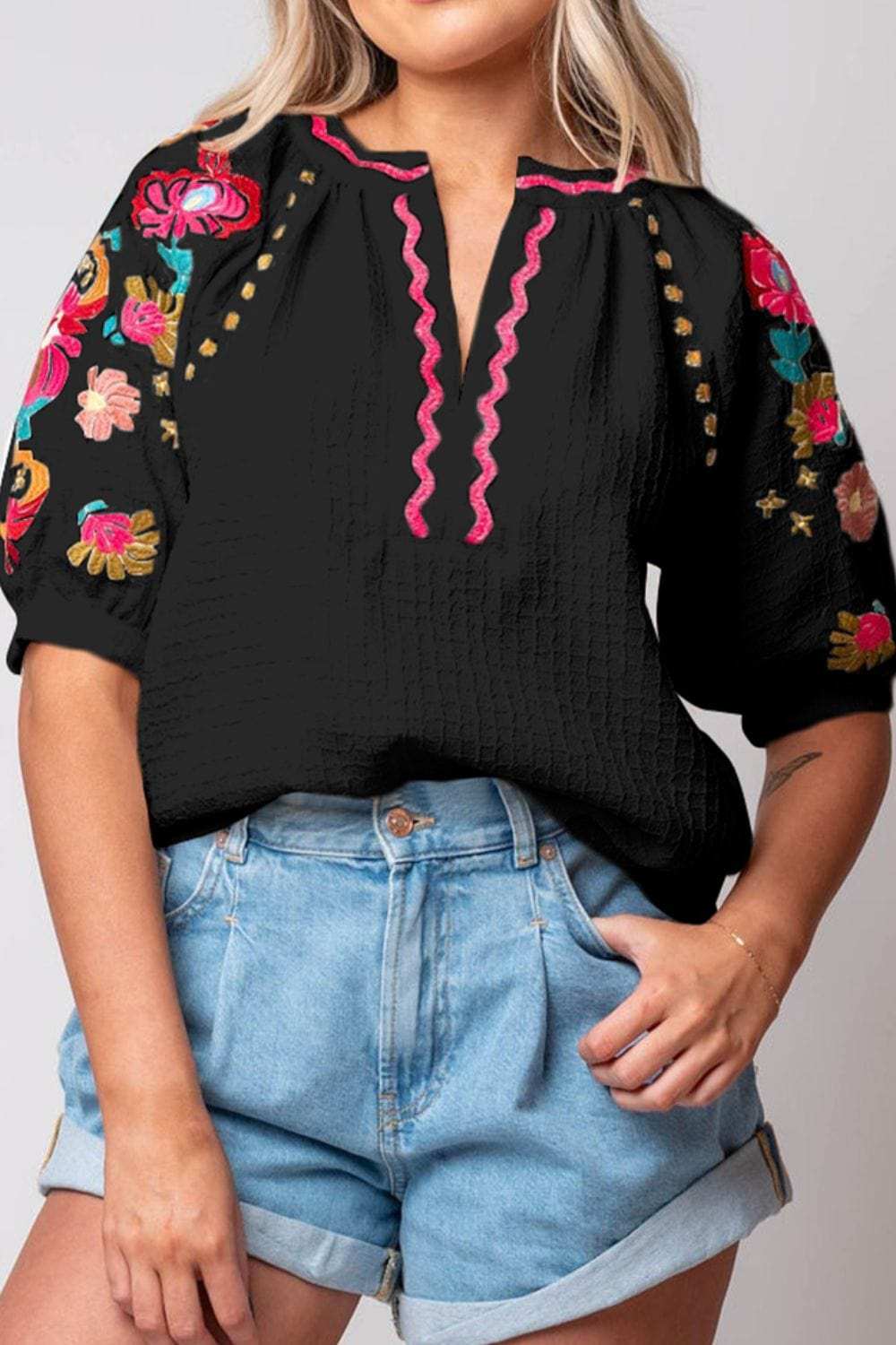 Floral Embroidered Notched Puff Sleeve Blouse - Trendsi - Flyclothing LLC