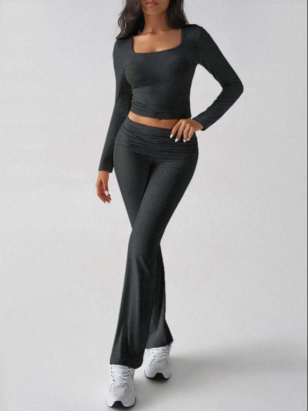 Devine Square Neck Long Sleeve Top and Pants Set - Trendsi - Flyclothing LLC