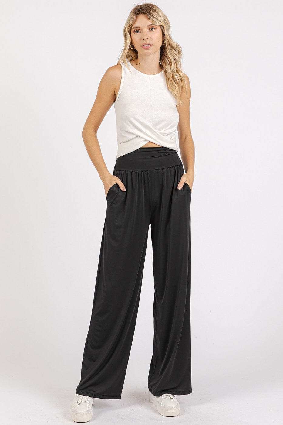 Mittoshop Stretch Banded Waist Wide Leg Pants with Pockets - Trendsi - Flyclothing LLC