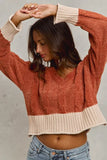 SO ME Chenille Cable Knit V Neck Contrast Cropped Sweater - Trendsi - Flyclothing LLC