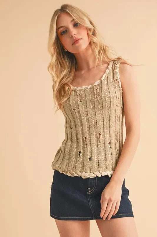 Aemi+Co Distressed Detail Round Neck Knit Tank - Trendsi - Flyclothing LLC