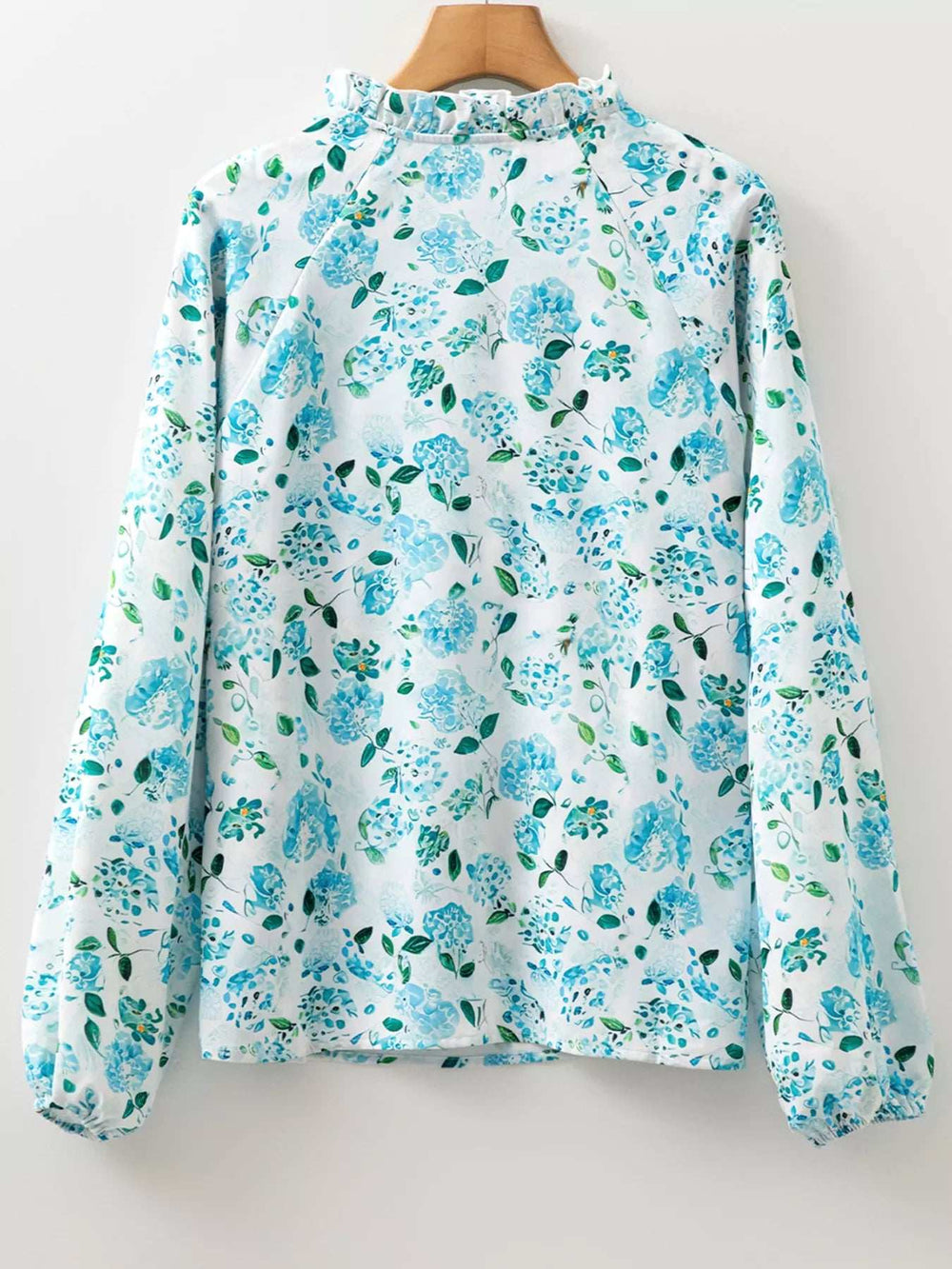 Floral Print Frilled Trim Tie Neck Elastic Cuffs Long Sleeve Blouse - Trendsi - Flyclothing LLC