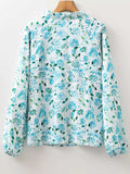 Floral Print Frilled Trim Tie Neck Elastic Cuffs Long Sleeve Blouse - Trendsi - Flyclothing LLC