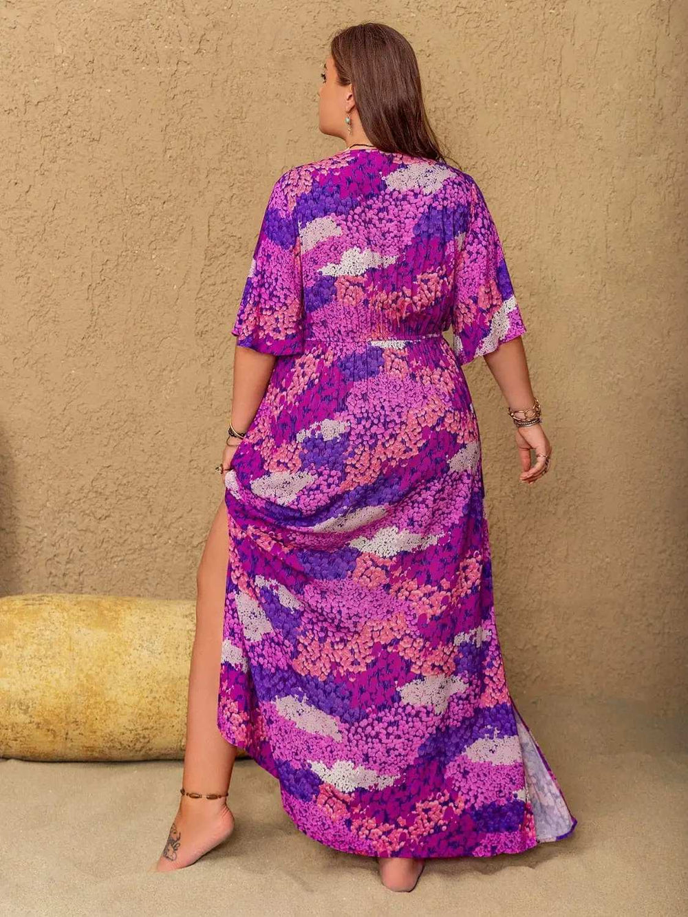Plus Size Slit Printed Half Sleeve Maxi Dress - Trendsi - Flyclothing LLC