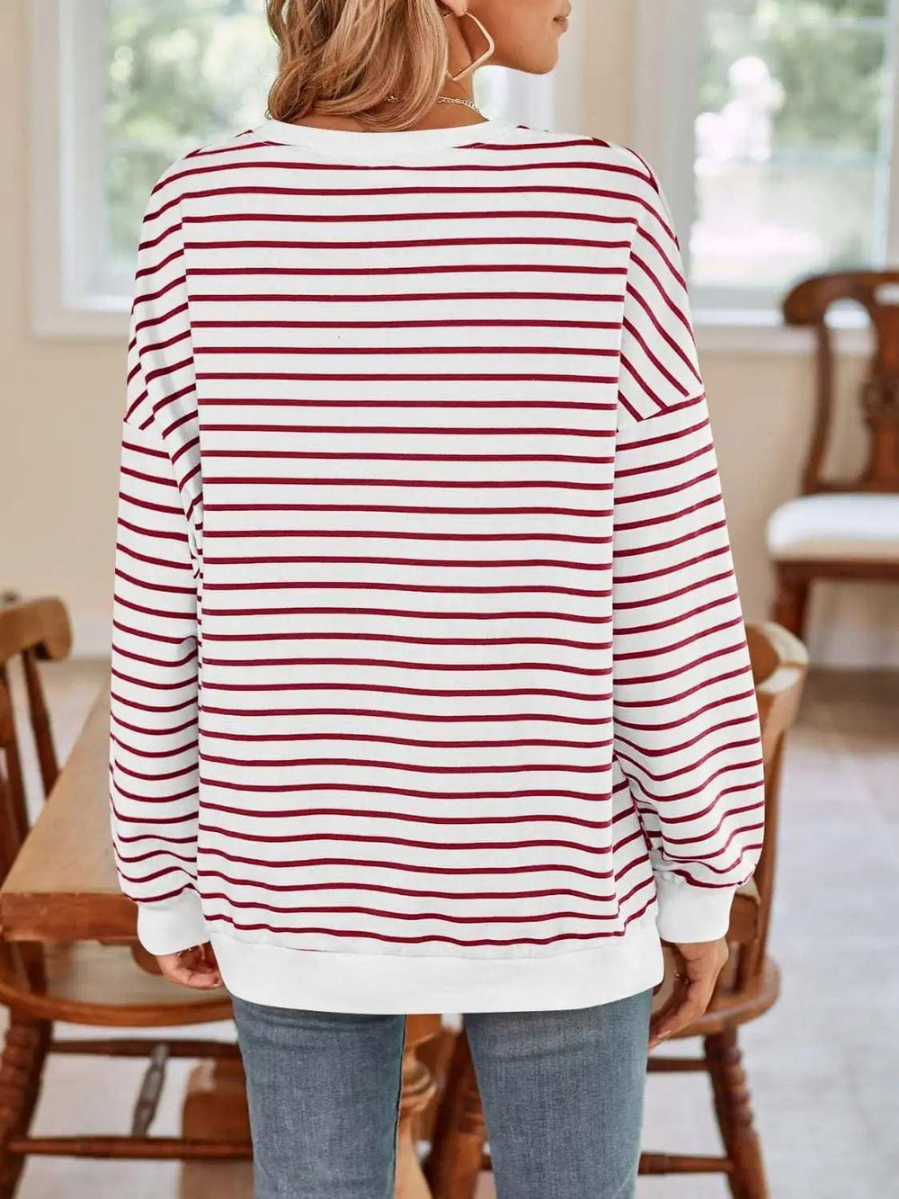 Striped Round Neck Long Sleeve Sweatshirt - Trendsi - Flyclothing LLC
