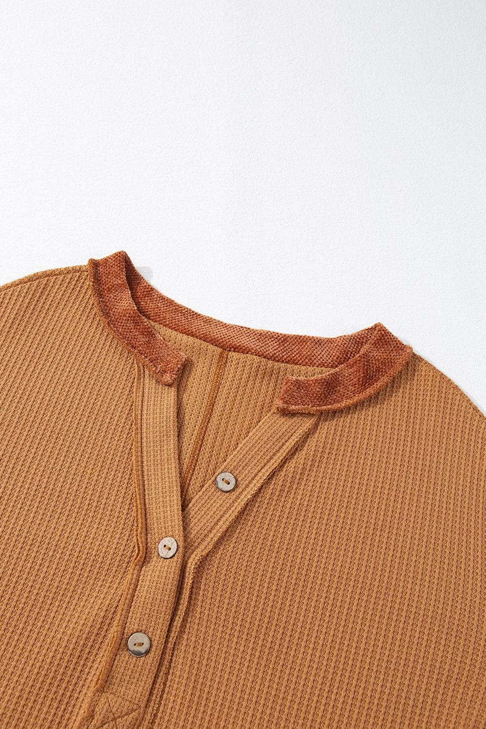Contrast Patched Exposed Seam Waffle Knit Henley Top - Trendsi - Flyclothing LLC