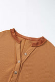Contrast Patched Exposed Seam Waffle Knit Henley Top - Trendsi - Flyclothing LLC