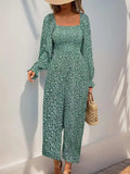 Perfee Smocked Printed Long Sleeve Wide Leg Jumpsuit - Trendsi - Flyclothing LLC