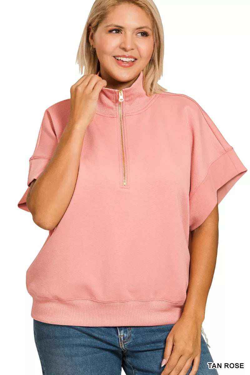Zenana Full Size Scuba High Neck Half Zip Short Sleeve Top Plus Size - Trendsi - Flyclothing LLC