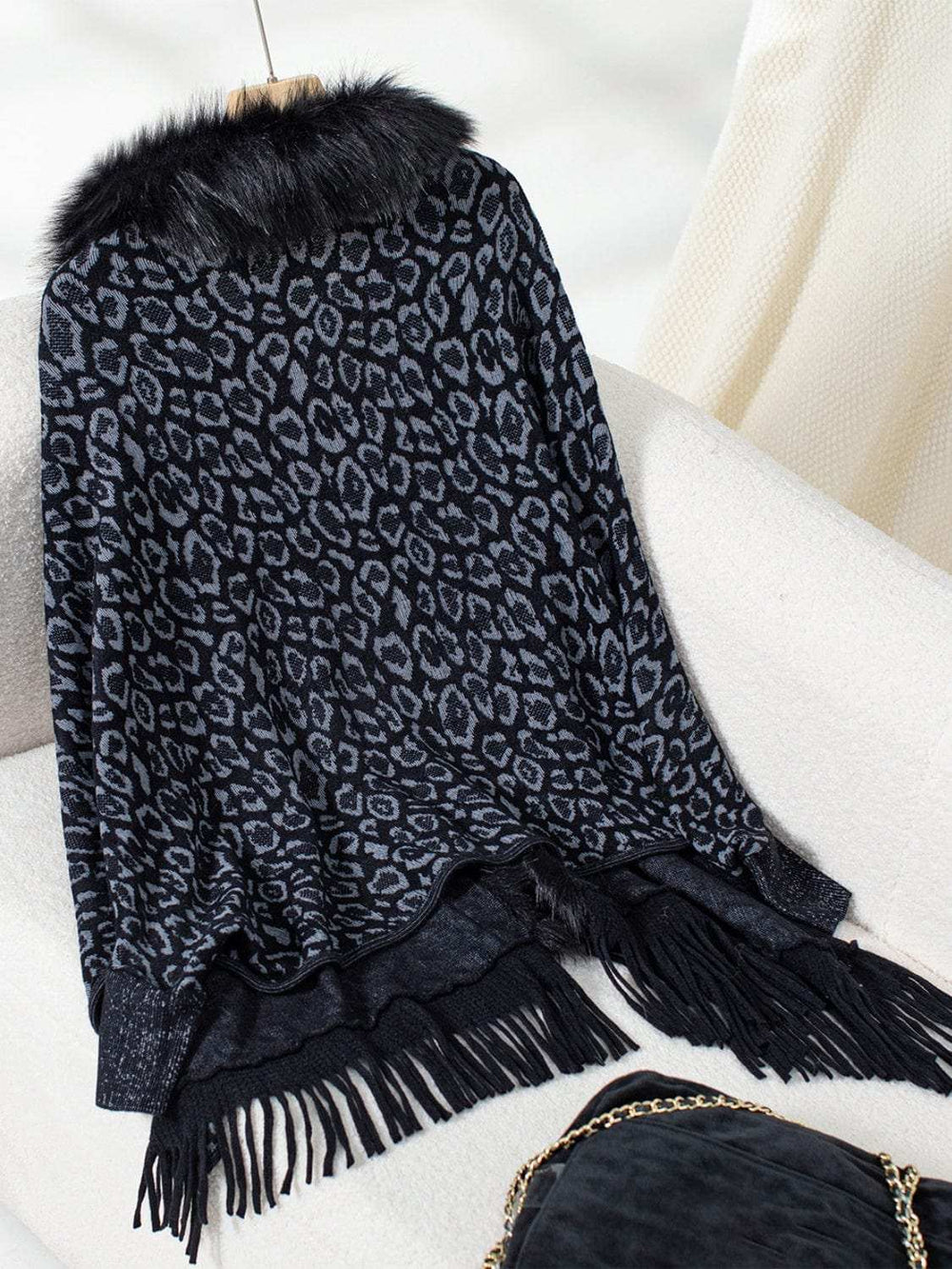 Fringe Leopard Open Front Long Sleeve Poncho - Trendsi - Flyclothing LLC