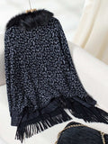 Fringe Leopard Open Front Long Sleeve Poncho - Trendsi - Flyclothing LLC