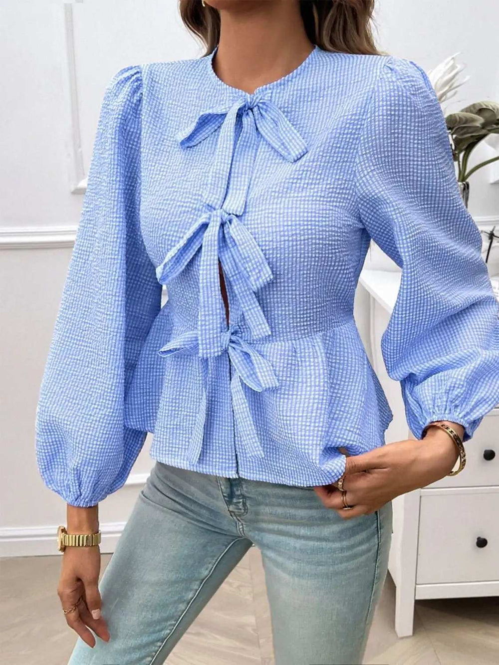 Devine Tied Round Neck Long Sleeve Blouse - Trendsi - Flyclothing LLC