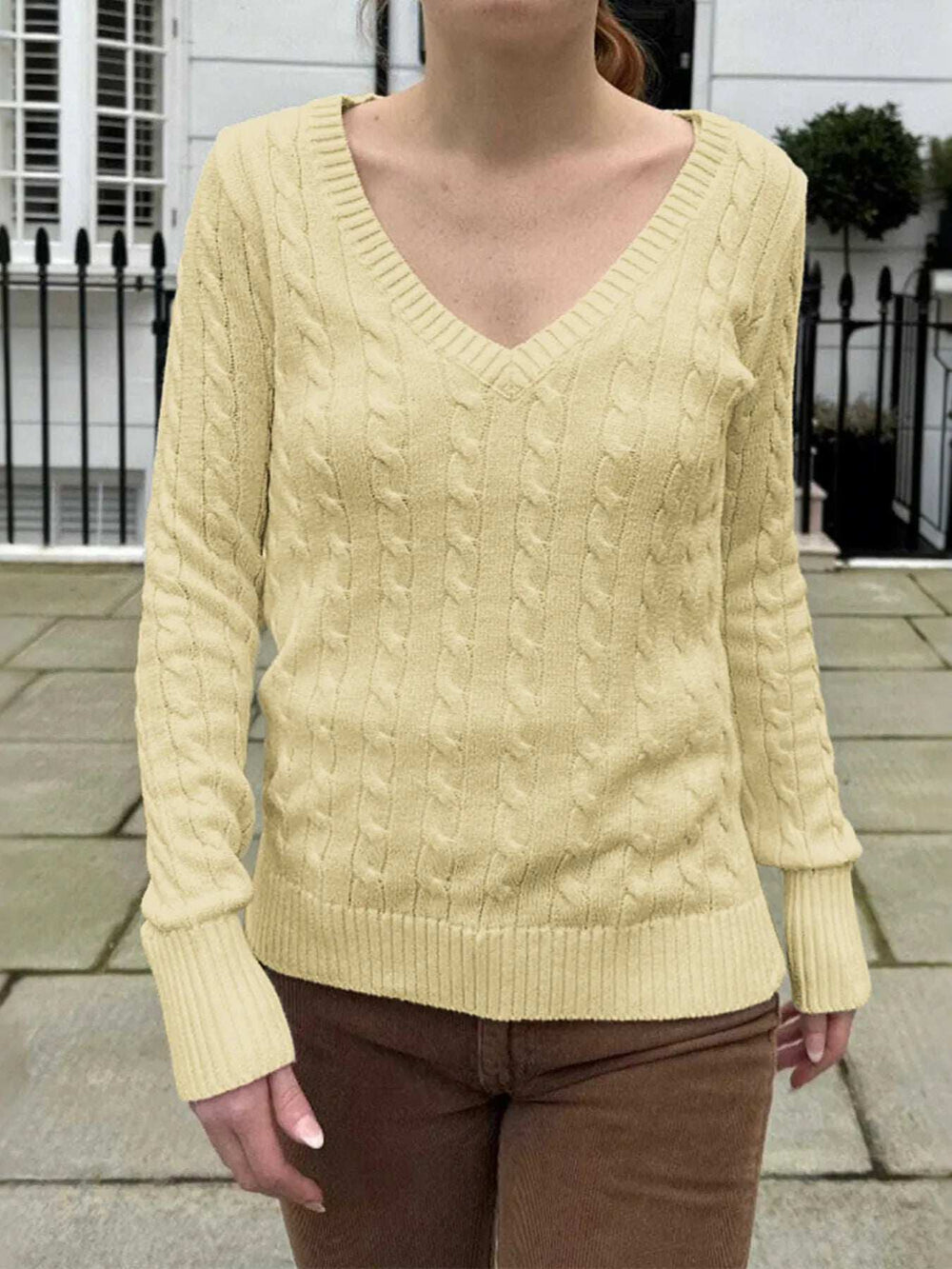Cable Knit V-Neck Sweater - Trendsi - Flyclothing LLC