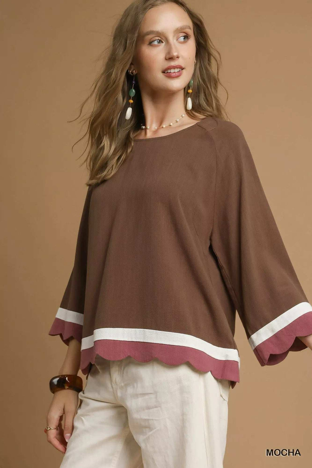 Umgee Scalloped Hem Color Block Top - Trendsi - Flyclothing LLC