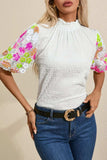 Sequin Flower Mock Neck Half Sleeve Blouse - Trendsi - Flyclothing LLC