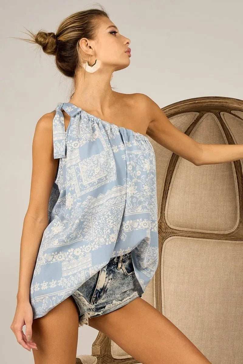 BiBi Aztec Printed Woven Tied Ribbon One Shoulder Top - Trendsi - Flyclothing LLC