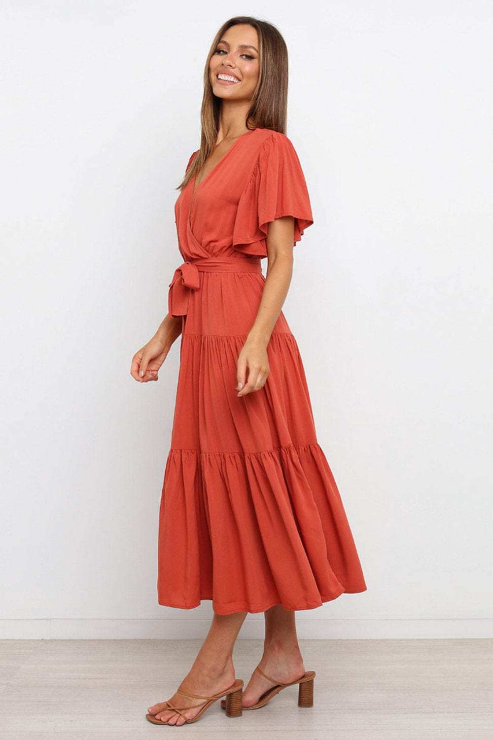 Tied Tiered Short Sleeve Midi Dress - Trendsi - Flyclothing LLC