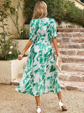 Smocked Printed V-Neck Half Sleeve Midi Dress - Trendsi - Flyclothing LLC