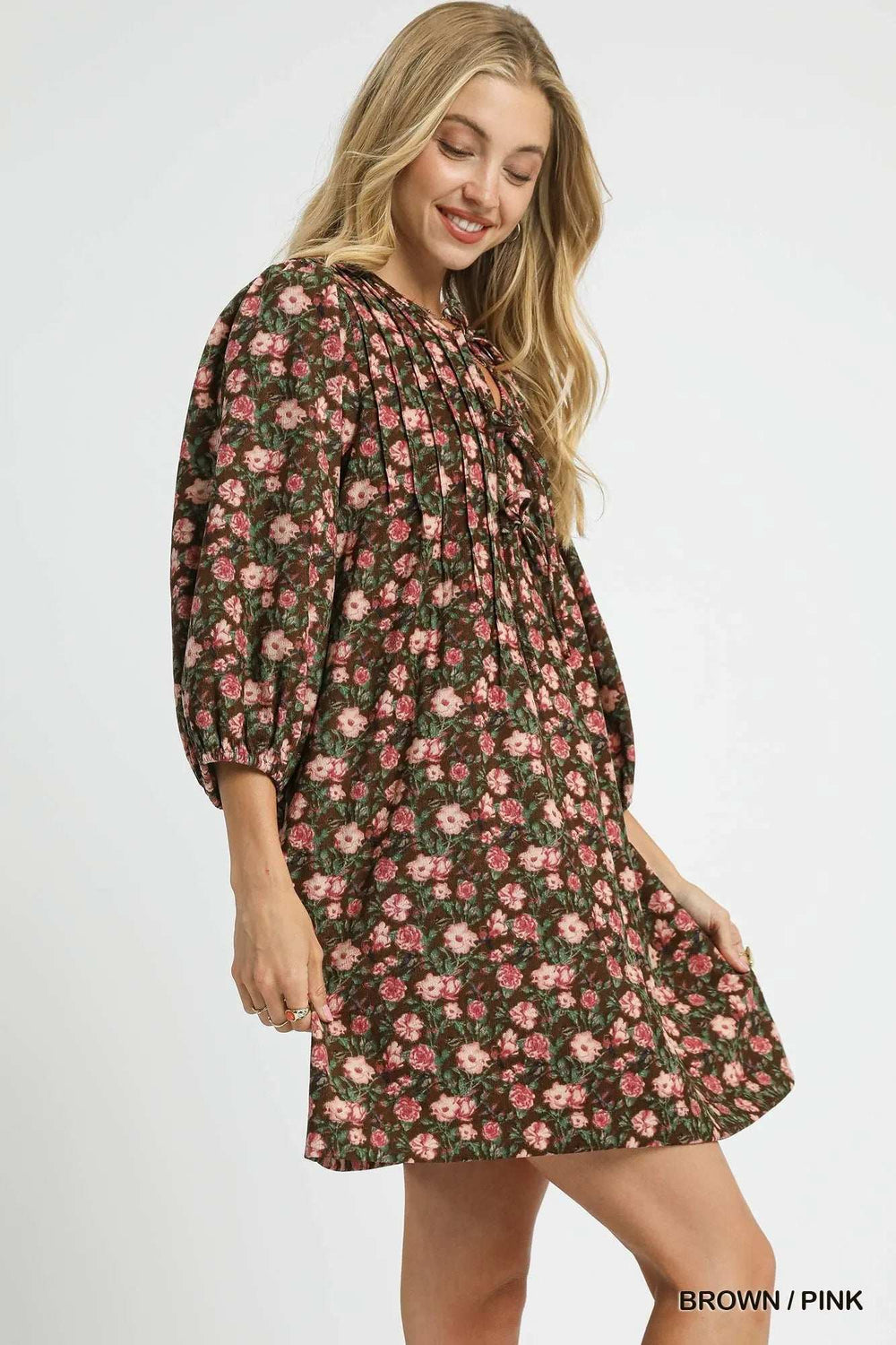 Umgee Floral Tie-Neck Babydoll Dress - Trendsi - Flyclothing LLC