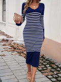 Striped V-Neck Long Sleeve Sweater Dress - Trendsi - Flyclothing LLC