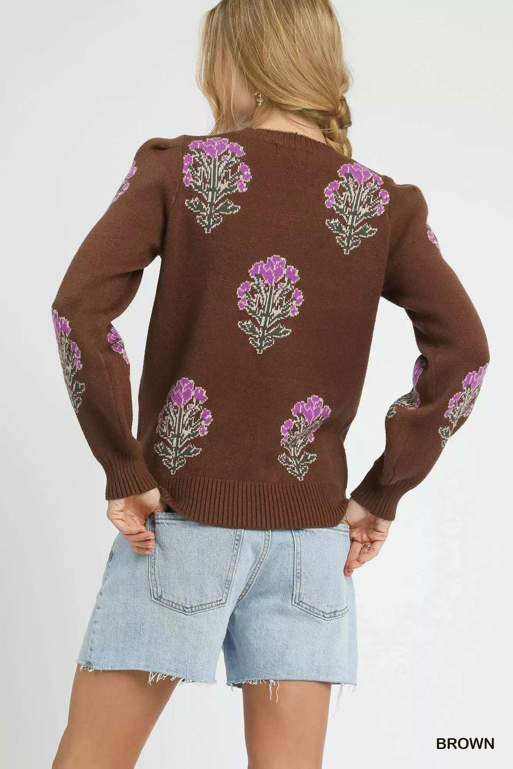 Umgee Single Flower Stem Jacquard Sweater - Trendsi - Flyclothing LLC