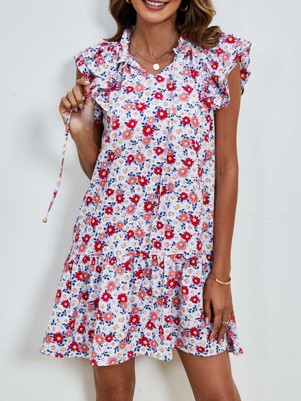 Tied Floral Cap Sleeve Mini Dress - Trendsi - Flyclothing LLC