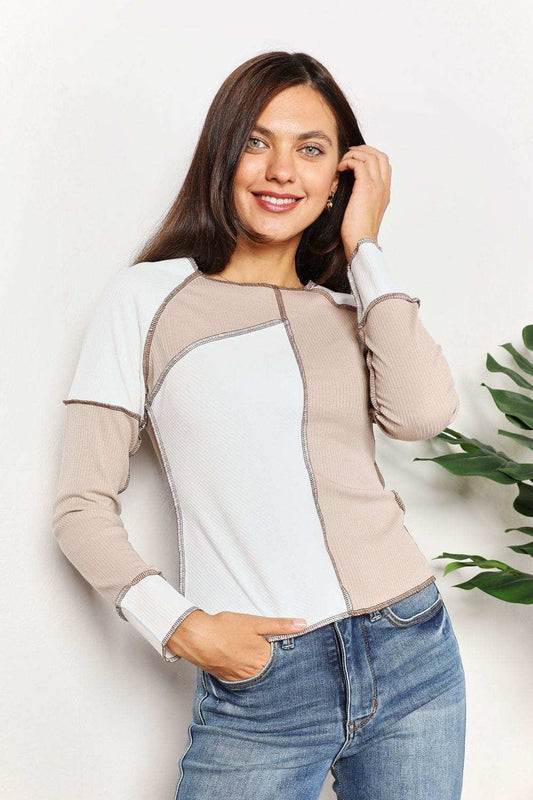 Double Take Color Block Exposed Seam Top - Trendsi - Flyclothing LLC