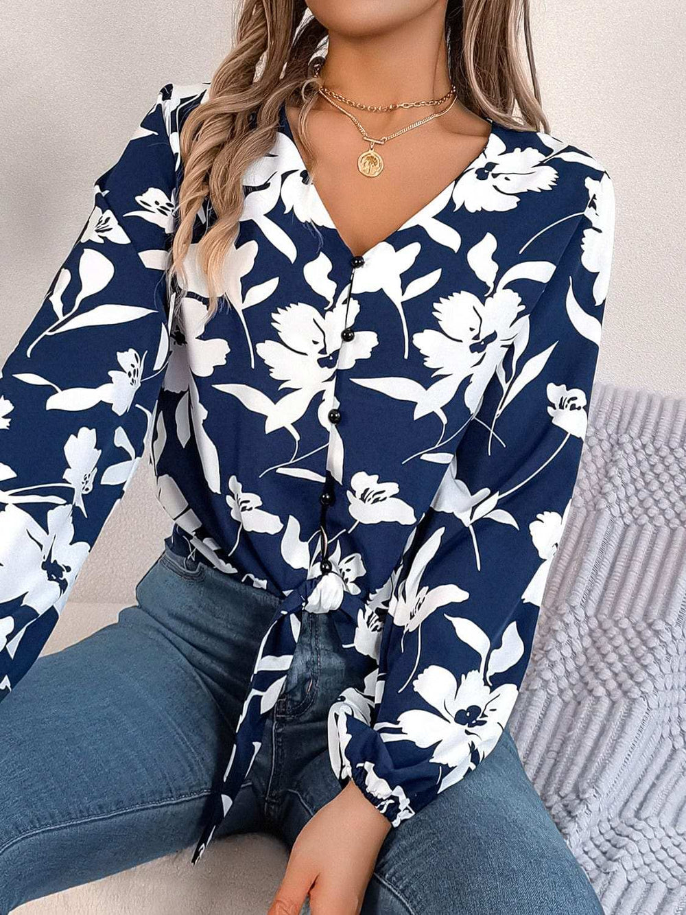 Printed V-Neck Long Sleeve Blouse - Trendsi - Flyclothing LLC
