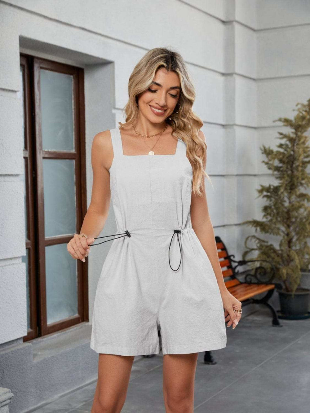 Drawstring Wide Strap Romper with Pockets - Trendsi - Flyclothing LLC