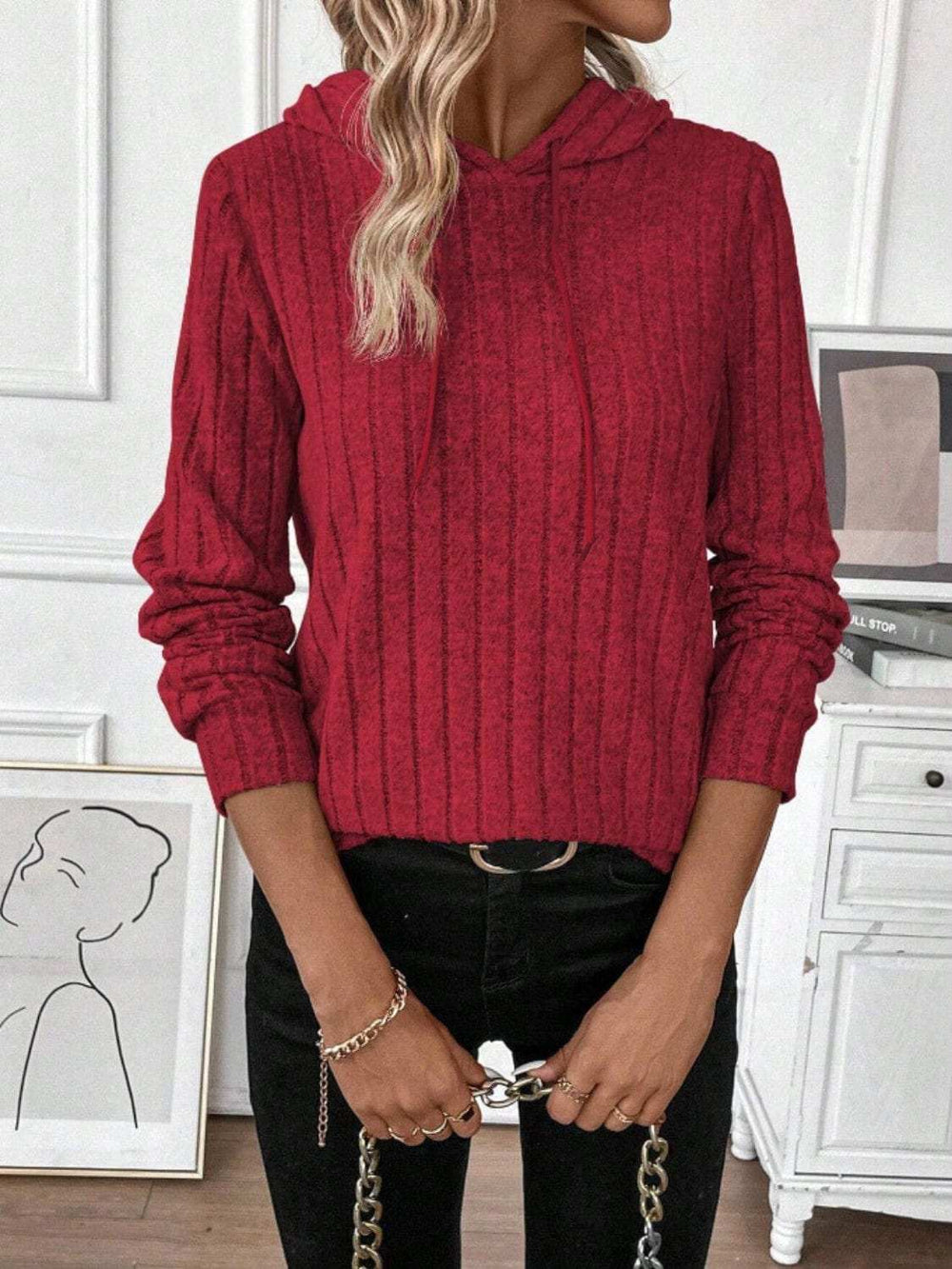 Drawstring Ribbed Long Sleeve Hoodie - Trendsi - Flyclothing LLC