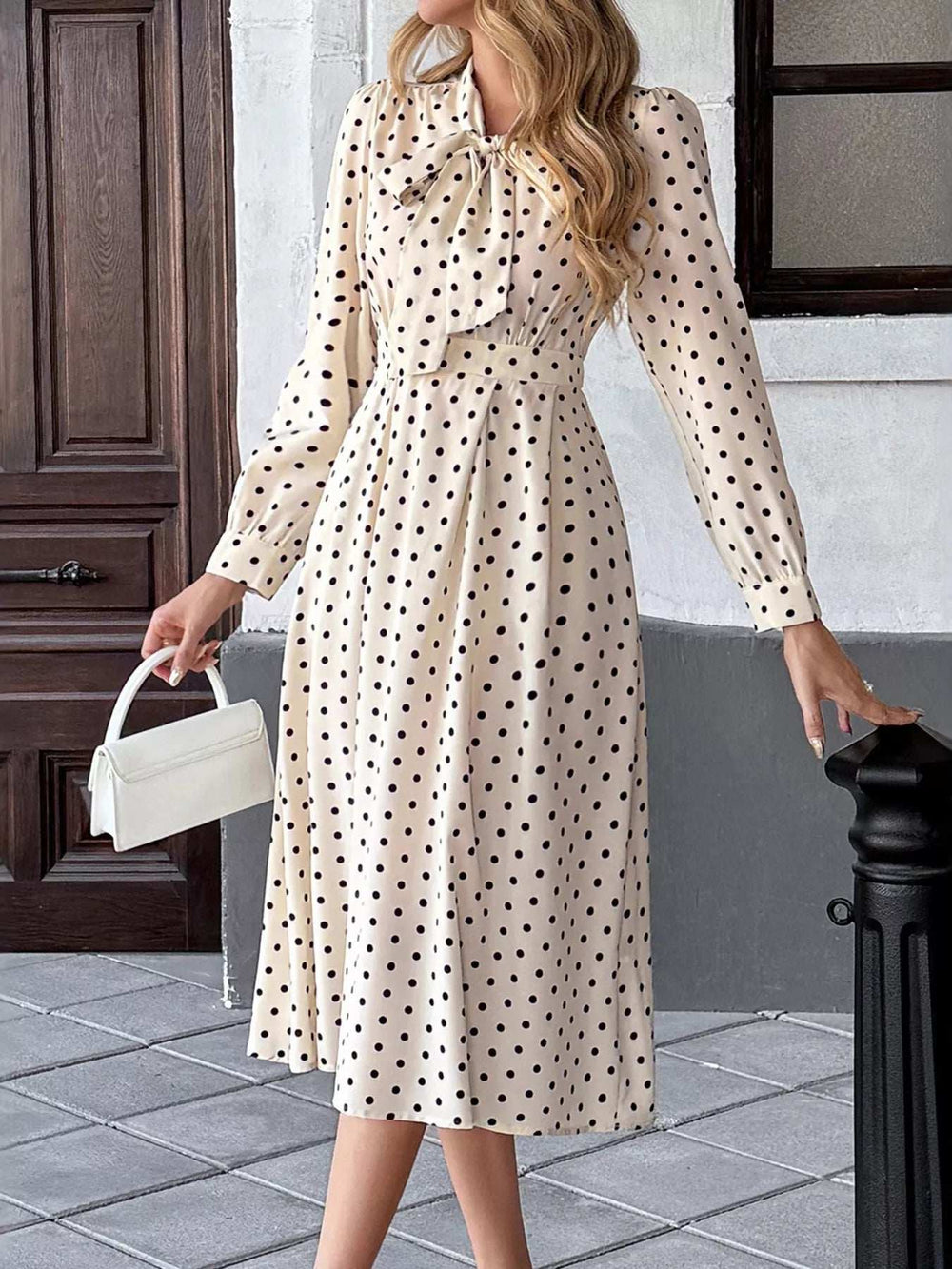 Polka Dot Tie Front Long Sleeve Midi Dress - Trendsi - Flyclothing LLC