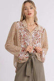 Umgee Full Size Mixed Print Metallic Detail Long Ruffle Sleeve Button Down Shirt Plus Size - Trendsi - Flyclothing LLC